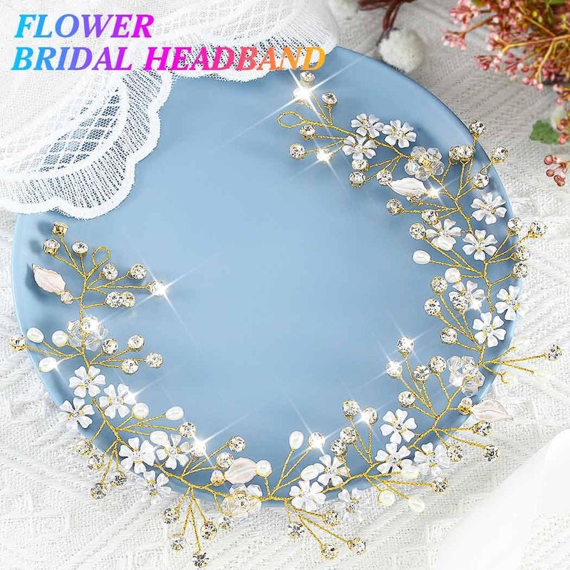 Unsutuo Flower Bridal Hair Vine Crystal Wedding Headpiececs Leaves Headbands for Women and Girls (Gold) - Image 2